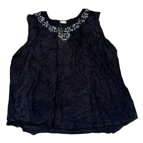 Uniti Casuals Black 3X Sleeveless Linen & Rayon Blouse With White Embroidered Ne - Picture 1 of 6